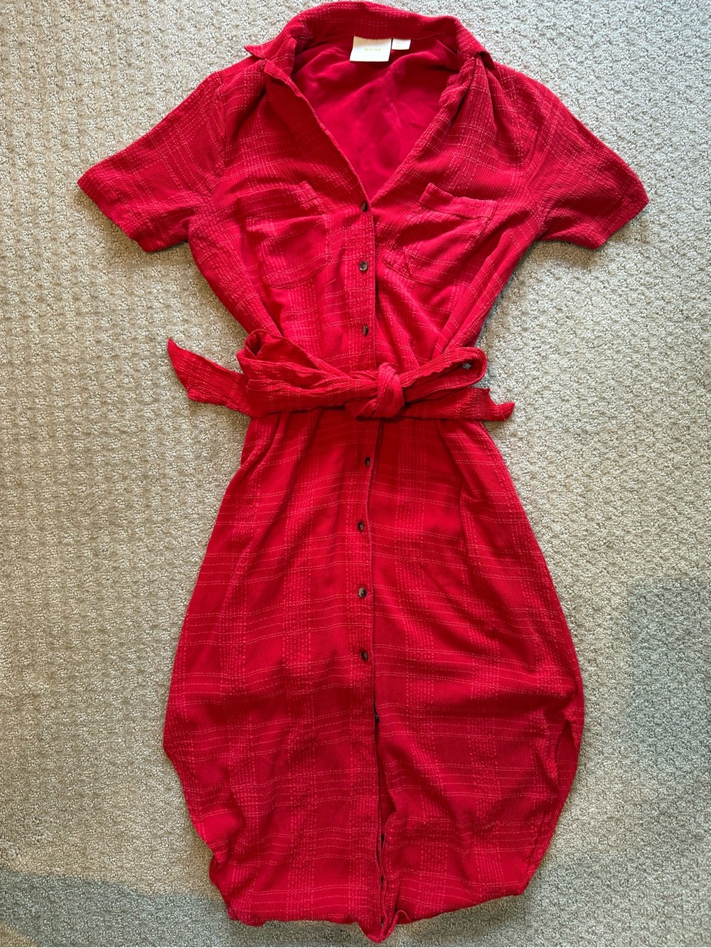 Anthropologie Red Button‑Front Shirt Dress with Waist Tie